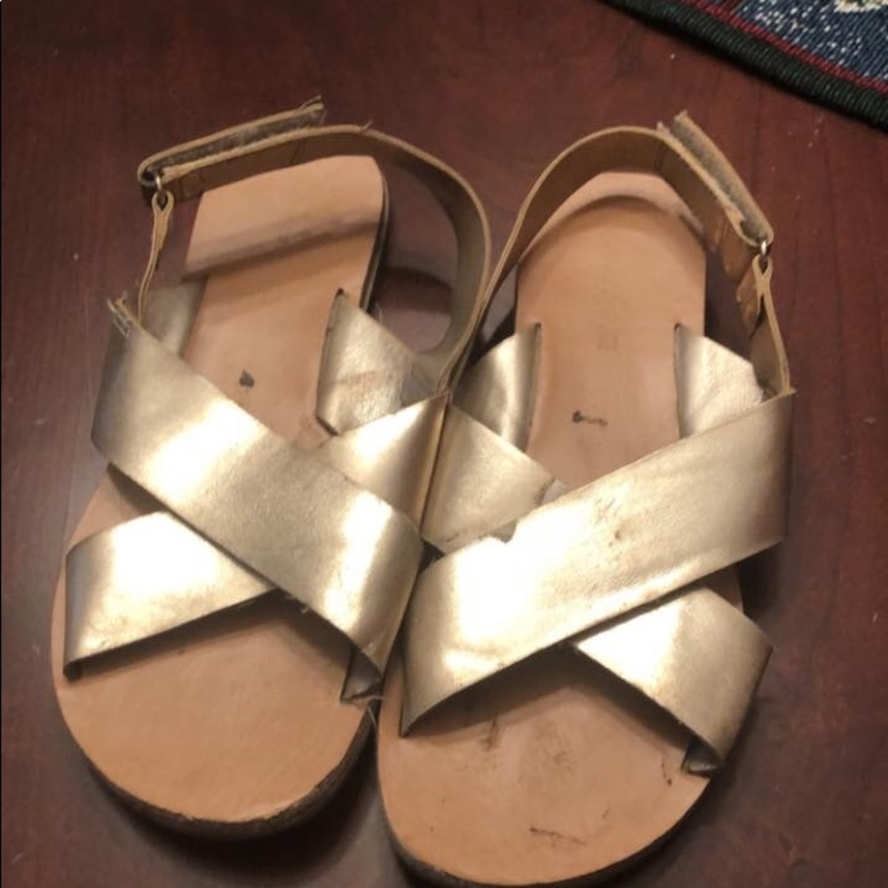 Gold strappy sandals, velcro back strap